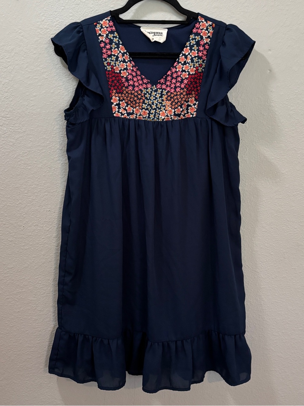 Savanna Jane Navy Floral Embroidered Ruffle Dress Size Small